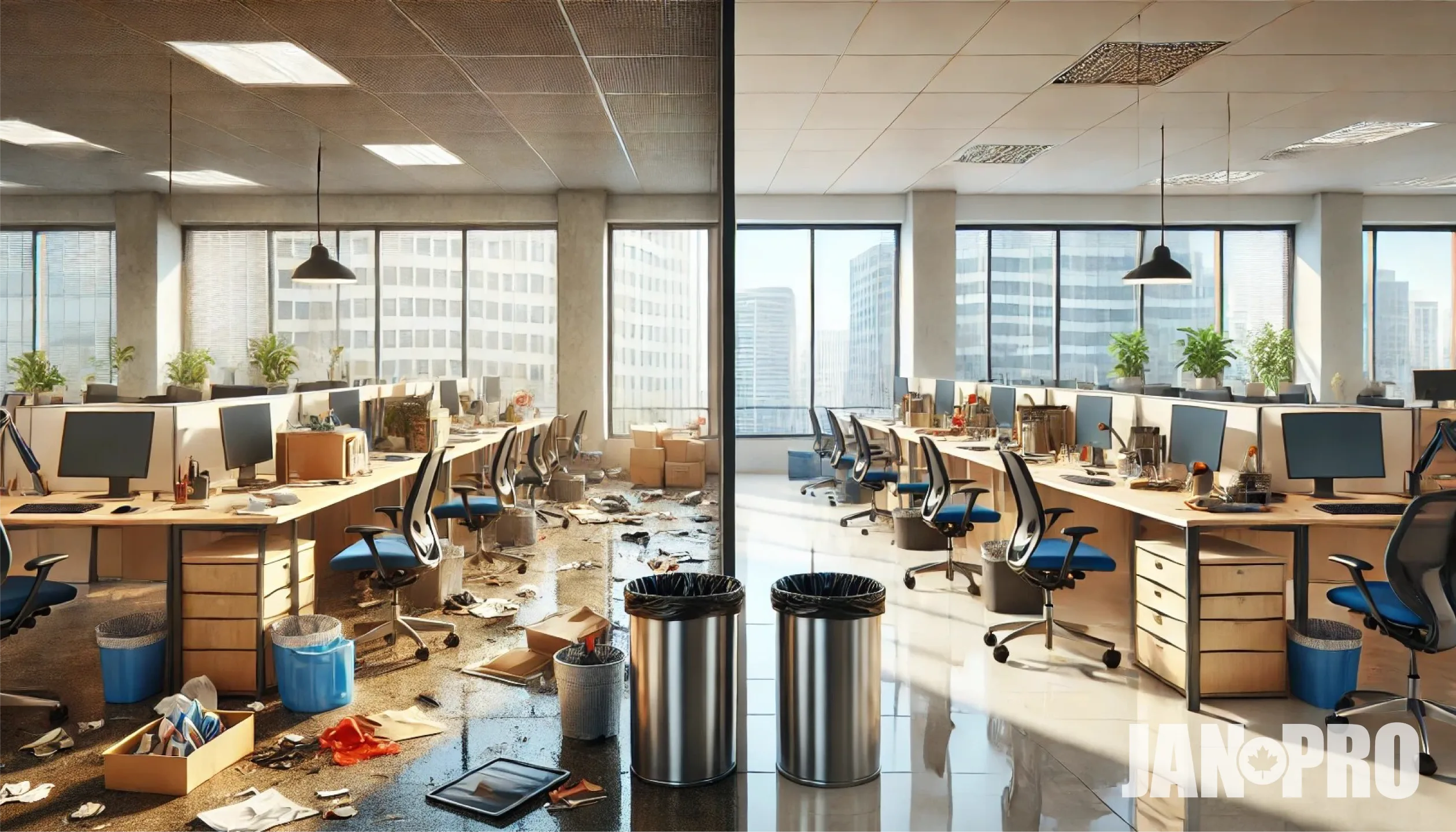 A messy office on the left and a clean office on the right cleaned by a commercial cleaning company