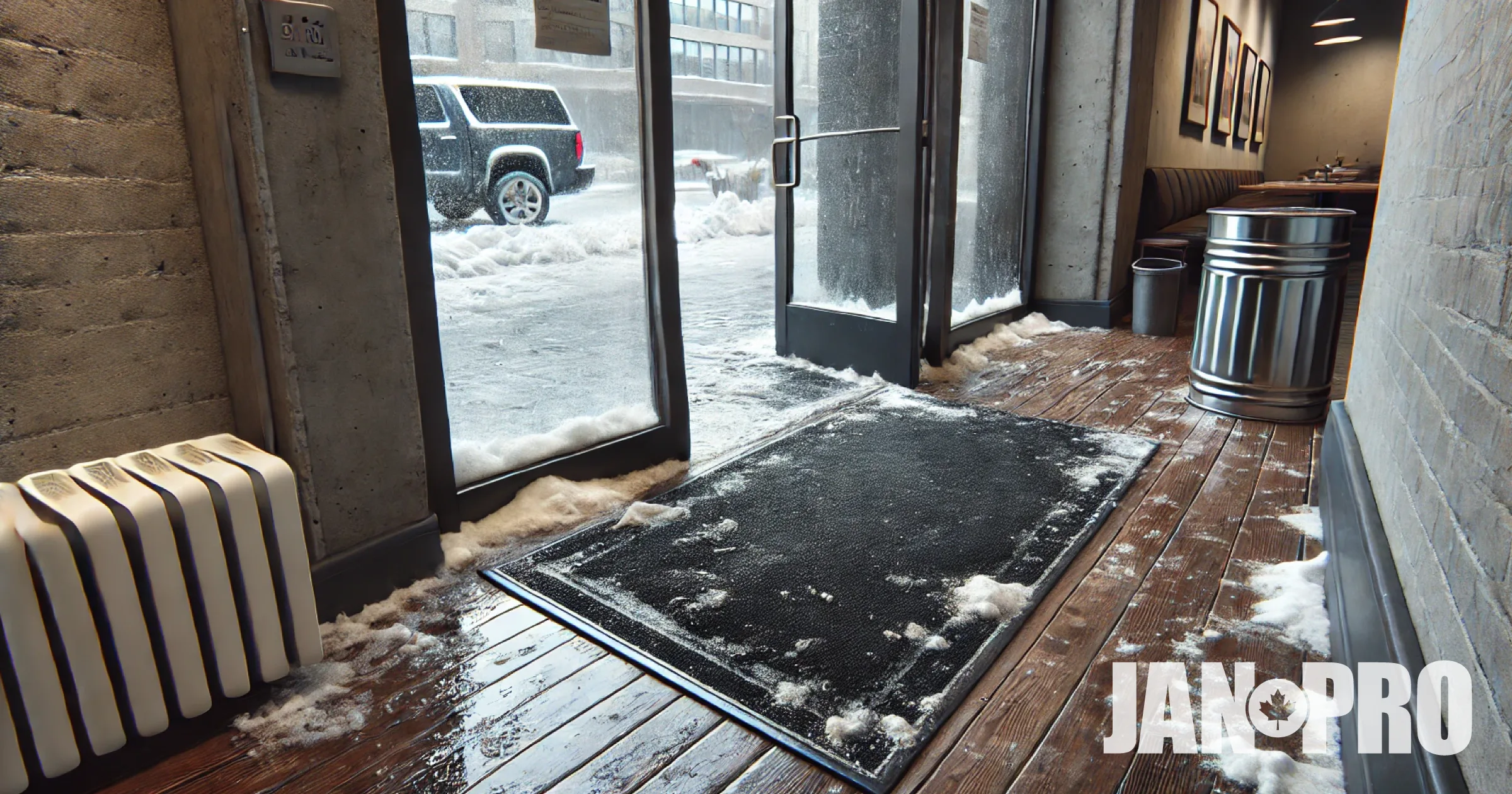 A messy front entryway covered in snow
