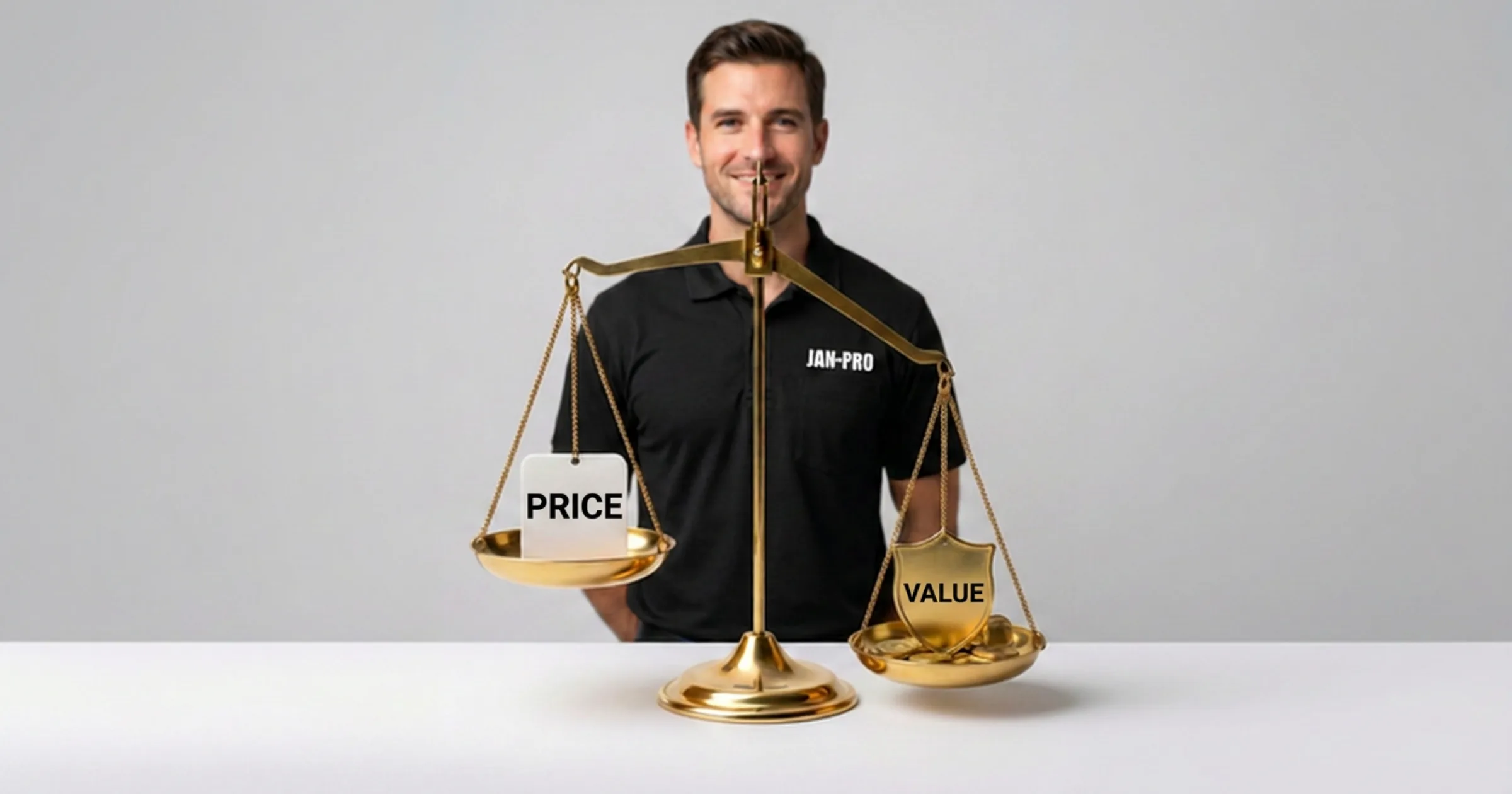 A man looking at a scale trying to balance price and value